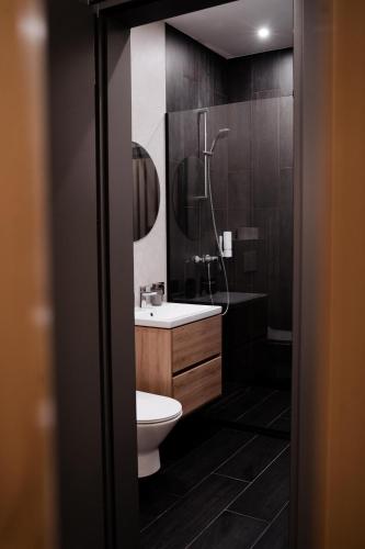 a bathroom with a toilet and a sink and a shower at Gogodz Chalet Resort in Yablunytsya