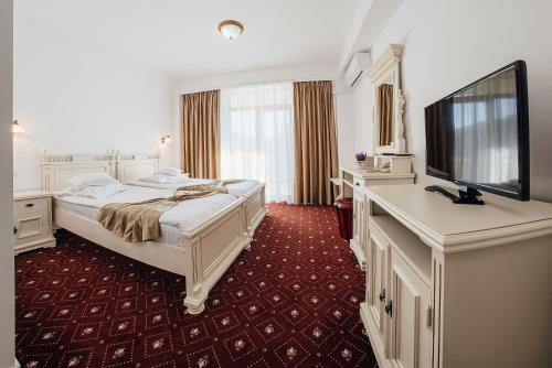 a hotel room with a bed and a flat screen tv at Pension Elegance in Gura Humorului