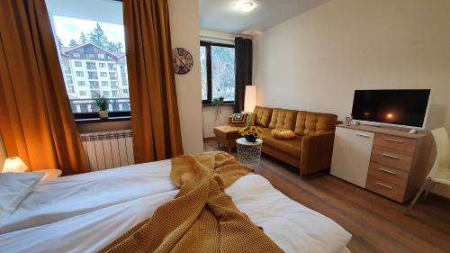 Un dormitorio con una cama, un televisor y un sofá. en Borovets Holiday Homes, en Borovets