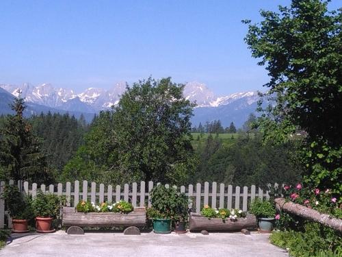 a white fence with potted plants and mountains in the background at Familienbauernhof Imitz, Ferienwohnung in Spital am Pyhrn
