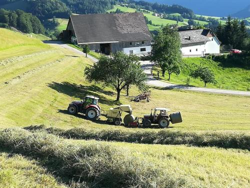 two tractors parked in a field on a hill at Familienbauernhof Imitz, Ferienwohnung in Spital am Pyhrn