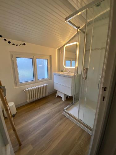 a bathroom with a sink and a glass shower at Maisons Les Gites de l'Odet in Clohars-Fouesnant