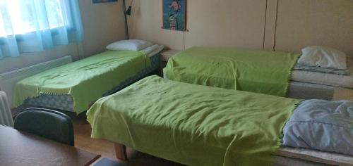 drie bedden in een kamer met groene dekens erop bij Ranta Antti 3 in Inari