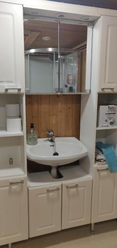 een badkamer met een wastafel en een spiegel bij Ranta Antti 3 in Inari