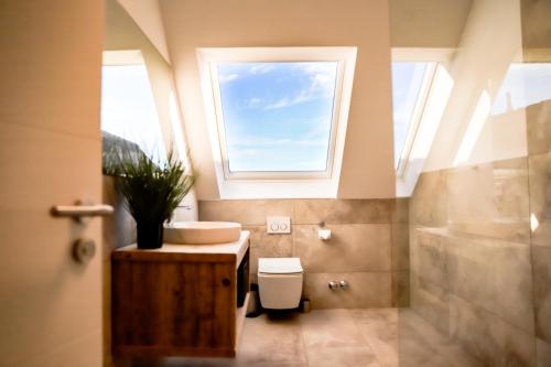 ein Bad mit einem Waschbecken, einem WC und einem Fenster in der Unterkunft Smart Resorts Haus Saphir Ferienwohnung 512 in Winterberg
