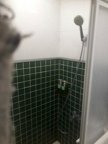 een groene betegelde douche met een douchekop in de badkamer bij Water Source Coffee Homestay in Beigang