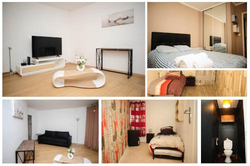 a collage of three pictures of a bedroom and a living room at Créteil. Au pied du lac. T4 de 67 m2 in Créteil