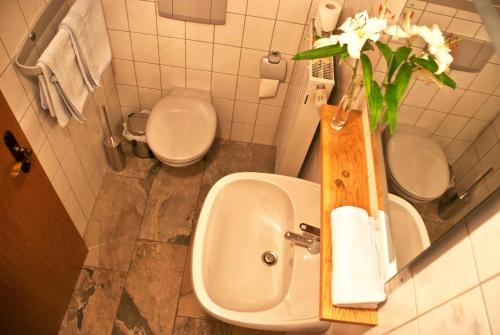 baño con lavabo, aseo y un jarrón de flores en Pension Margarete, en Handthal