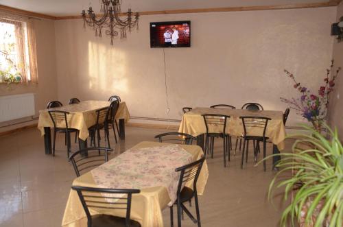 a room with tables and chairs with a tv on the wall at Приватна Садиба "КУВІК" in Yasinya