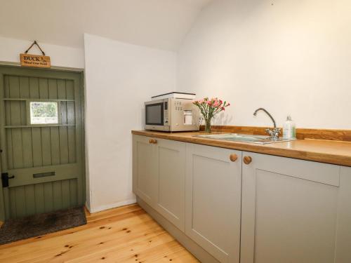 a kitchen with a sink and a microwave on a counter at Little Orchard Barn in St Austell
