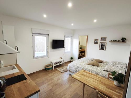 Un dormitorio con una cama y una mesa. en Studio cosy Bienvenue chez Elle en Saint-Denis-de lʼHôtel