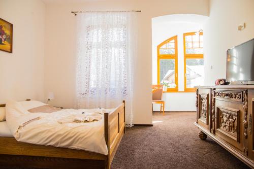 - une chambre avec un lit, une télévision et une fenêtre dans l'établissement Dzika Róża, à Szklarska Poręba