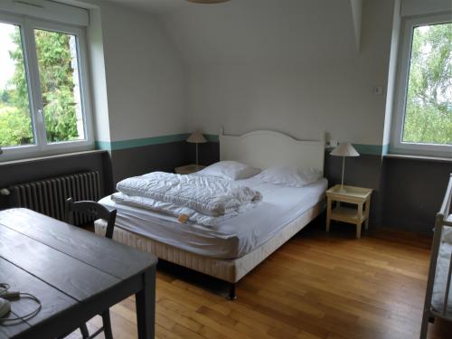 a bedroom with two beds and two windows at Gîtes Les Clairets - Normandie in Mortain