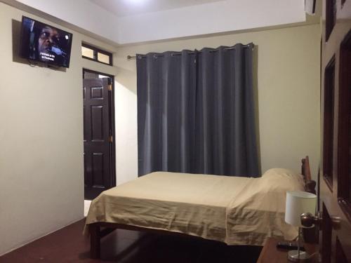 a bedroom with a bed and a window with a tv at Hotel Vizcaíno León in León