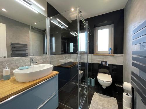 a bathroom with a sink and a shower and a toilet at Blarmore Apartment Inverness in Inverness