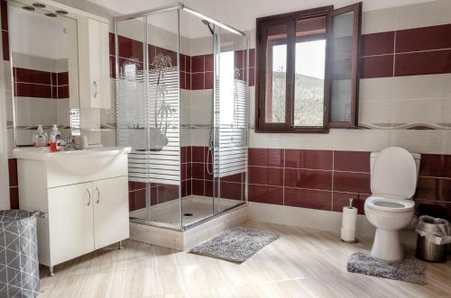 y baño con ducha, aseo y lavamanos. en Vila Palma, en Berat
