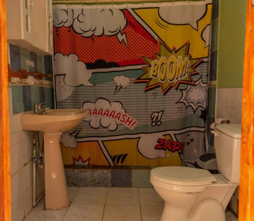 a bathroom with a toilet and a shower curtain at La Casa del Sol Naciente in San Pedro de Atacama