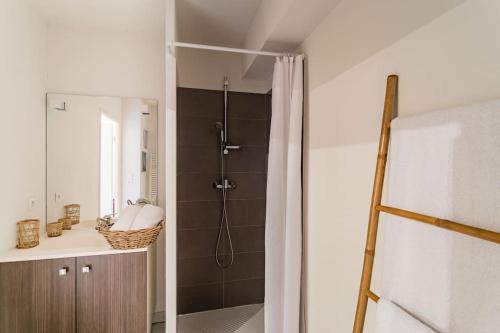 ein Bad mit Dusche und Duschvorhang in der Unterkunft Grand T1 bis avec jardin exposé plein sud et salle de sport in Toulouse