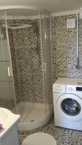 a shower with a washing machine in a bathroom at FSQH SECRET TOWER in Szeged
