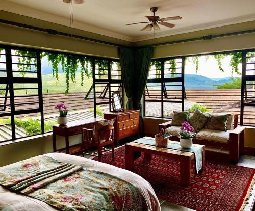 een slaapkamer met een bed en een groot raam bij Mountain Rose Guesthouse in Louis Trichardt