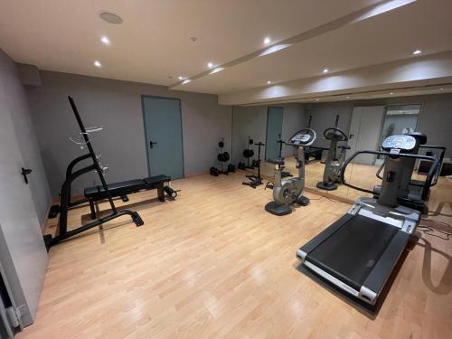 an empty gym with several treadmills and cardio machines at Boutique Hotel Calzavecchio in Casalecchio di Reno