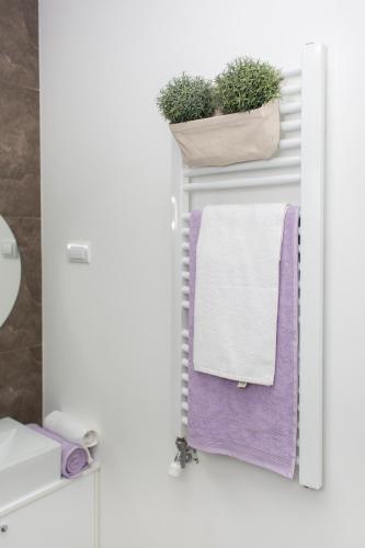 a towel rack with towels and a plant at Galaxy Apartments in Belgrade