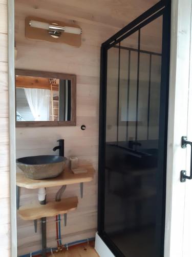 a bathroom with a sink and a mirror at tiny house in Saint-Vallier