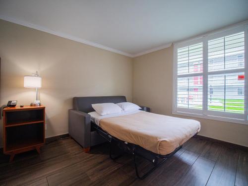 a bedroom with a bed and a lamp and a window at Equus Inn I75 in Ocala