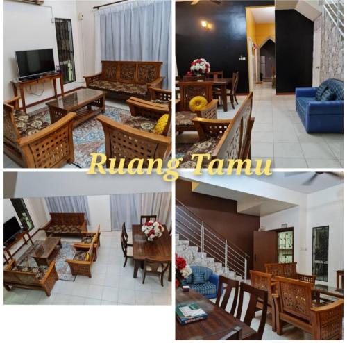 four pictures of a living room and dining room at Villa Suria SemiD Homestay Shah Alam in Shah Alam