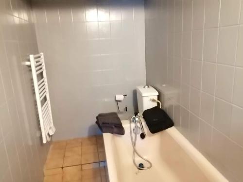 La salle de bains est pourvue d'une baignoire et de toilettes. dans l'établissement Appartement T2 RDC centre Vitré 35500, à Vitré