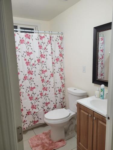 a bathroom with a toilet and a shower curtain at Adorable 1 bedroom Apartment in Vallejo