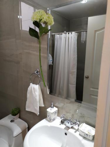 a bathroom with a sink and a toilet and a vase of flowers at Elite Apartment 2 in Cusco