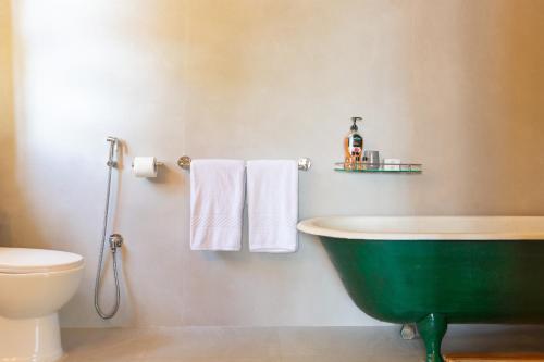 a bathroom with a green tub and a toilet at amã Stays & Trails Makaibari Bungalow, Darjeeling in Darjeeling