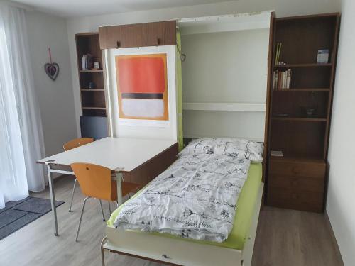 ein kleines Schlafzimmer mit einem Bett und einem Schreibtisch in der Unterkunft Elfe-apartments Studio Apartment for 2 guests in Emmetten