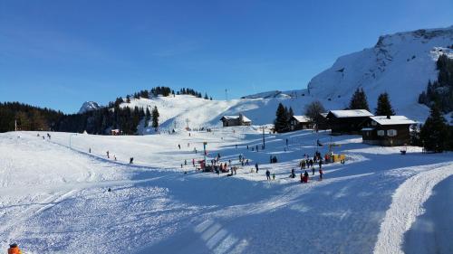 a group of people on a ski slope in the snow at Elfe-Apartments Studio Apartment for 2 guests in Emmetten