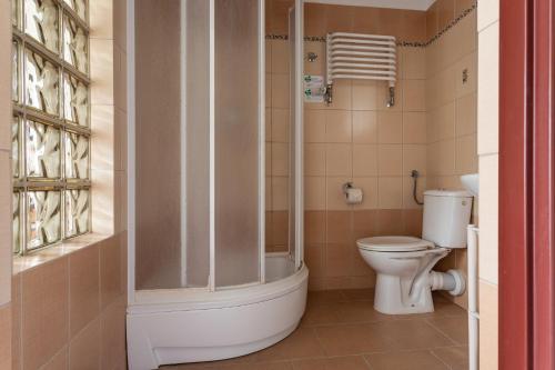 a bathroom with a toilet and a shower at Hotel Zamek in Giżycko