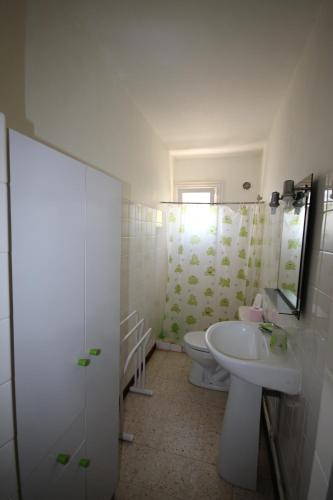 bagno con lavandino, servizi igienici e specchio di 80m de la plage Appartement au rdc d'une maison 1 chambre 4 couchages cour LXRV9A a Portiragnes