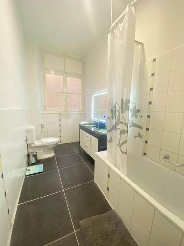 a white bathroom with a toilet and a sink at B&B Guest House Du Lac in Montreux