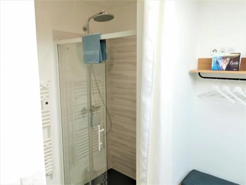 une douche avec une porte vitrée dans une salle de bain dans l'établissement COCON - castelnaud, à Les Sables-dʼOlonne