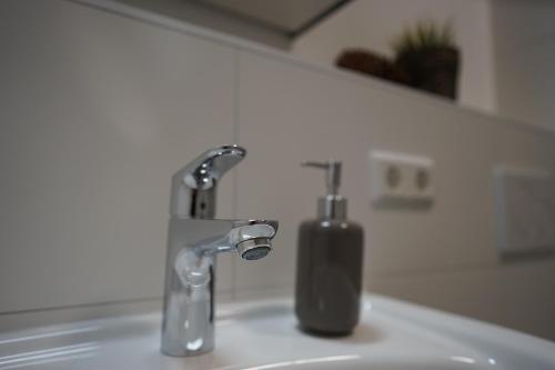 lavabo con dispensador de jabón junto a un grifo en 2nd Home Appartements 23, en Nieder-Olm