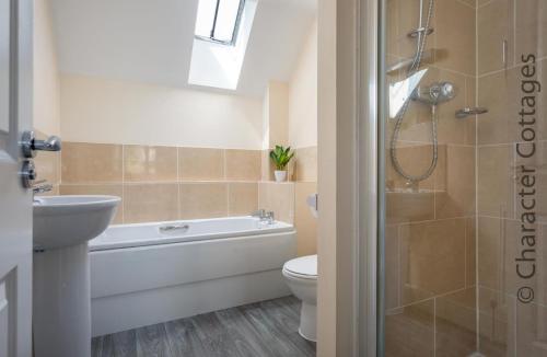 a bathroom with a toilet and a sink and a shower at Birch House in Stow on the Wold