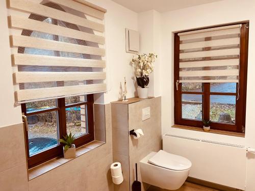 a bathroom with a toilet and two windows at Ferienhaus Kutscherhäuschen in Eisenach