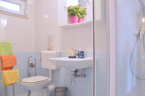 a bathroom with a toilet and a sink and a shower at Apartment Silvija sea view in Umag
