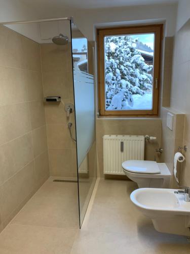 ein Bad mit einer Dusche, einem WC und einem Fenster in der Unterkunft Haus Alpenruhe in Bad Kleinkirchheim