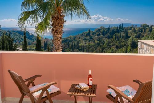 a room with two chairs and a table and a palm tree at Villa Mounda Apollon in Ratzaklíon
