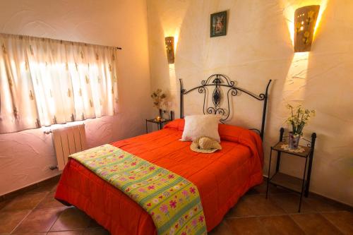 a bedroom with a red bed with a cat laying on it at Reul Alto Cortijos Rurales in Laroya