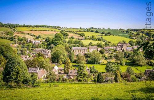 a village in a green field with houses at Flynn's Barn in Aylworth