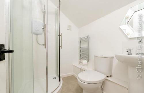 une salle de bain blanche avec toilettes et douche dans l'établissement Holly Cottage Middle Tysoe, à Middle Tysoe