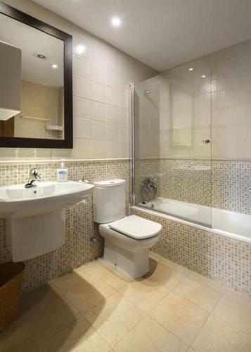 a bathroom with a toilet and a sink and a shower at Bonita stay B Paz:Casa grande, Piscina, BBQ,Fibra in Panticosa