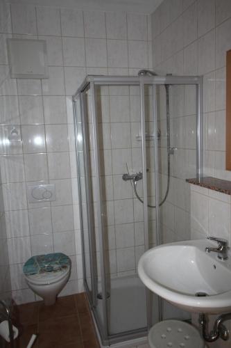 La salle de bains est pourvue d'une douche, de toilettes et d'un lavabo. dans l'établissement Gastehaus Weingut Rossler, à Lorch am Rhein